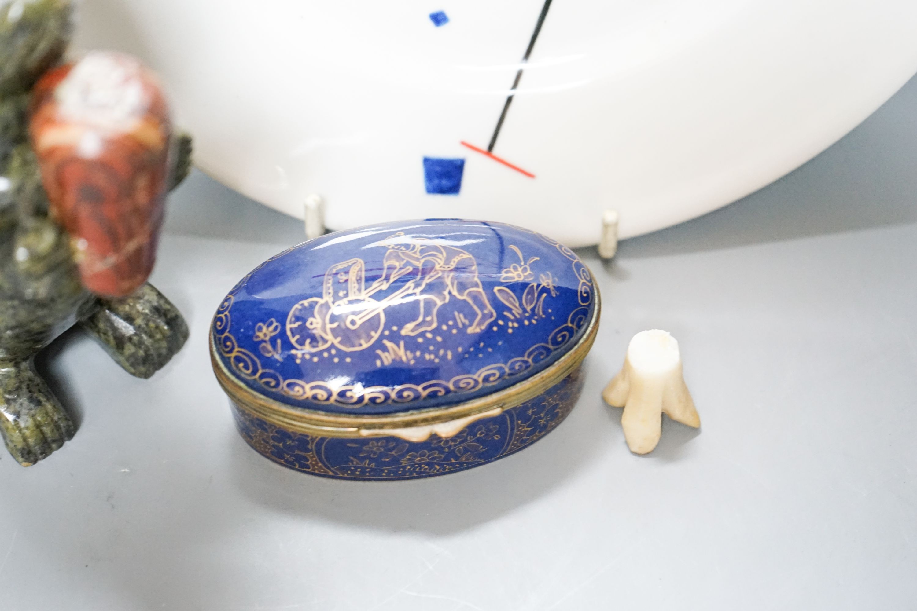 A Suprematist style porcelain plate, 24cm, a powder blue trinket box, two jars and covers and a hardstone figure of a rabbit